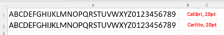 Comparison of Calibri and Carlito font rendered at 20 points