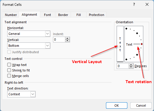 An Excel dialog for setting text orientation.