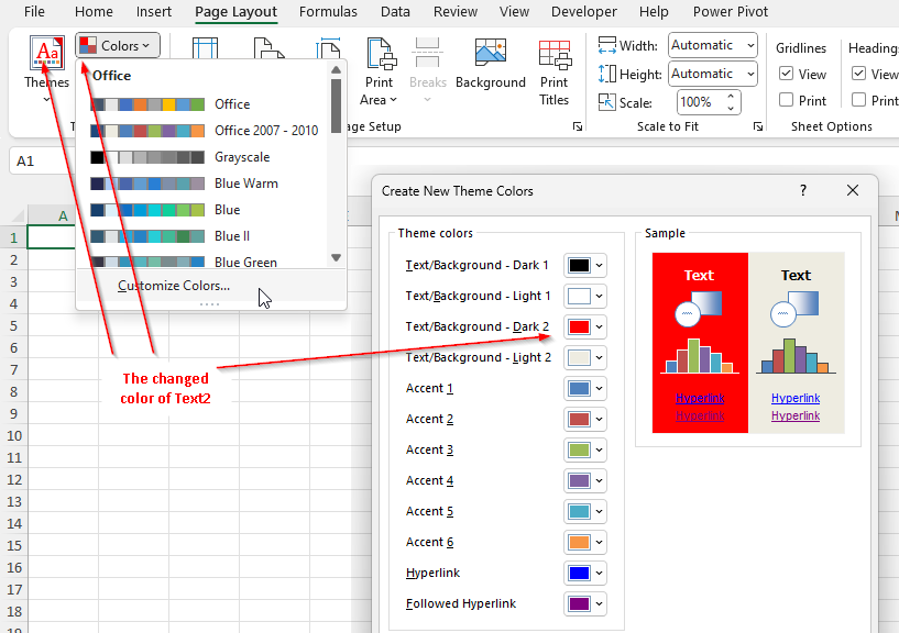 The theme of a workbook with changed theme color Text2.